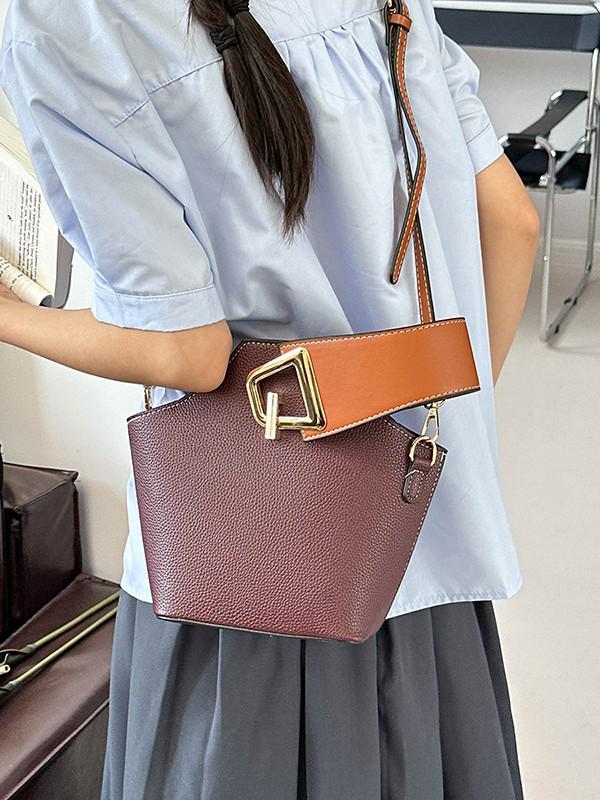 

Women s Minimalist Color Block Shoulder Bucket Bag - Trendy, Textured Design Handbag 22*10*25 cm вина червоного кольору