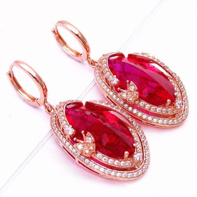 Фиолетовые Золотые Инкрустированные Цветным Золотом Роскошные Серьги-Капли с Красным Камнем, Розовое Золото, Фэн-шуй (pair of rose gold plated)
