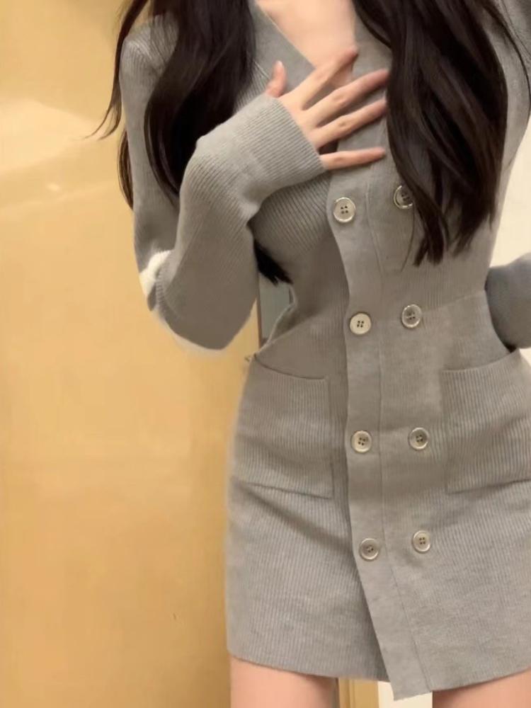 Japanese Retro Knitted Party Dresses Women V Neck Button Elegant Mini Sweater Dresses Sexy A Line Outfits New Autumn Winter 2024
