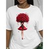 Künstlerische Frau Rotes Kleid Rosenprint Damen Weiß Lässiges Statement Grafik-T-Shirt