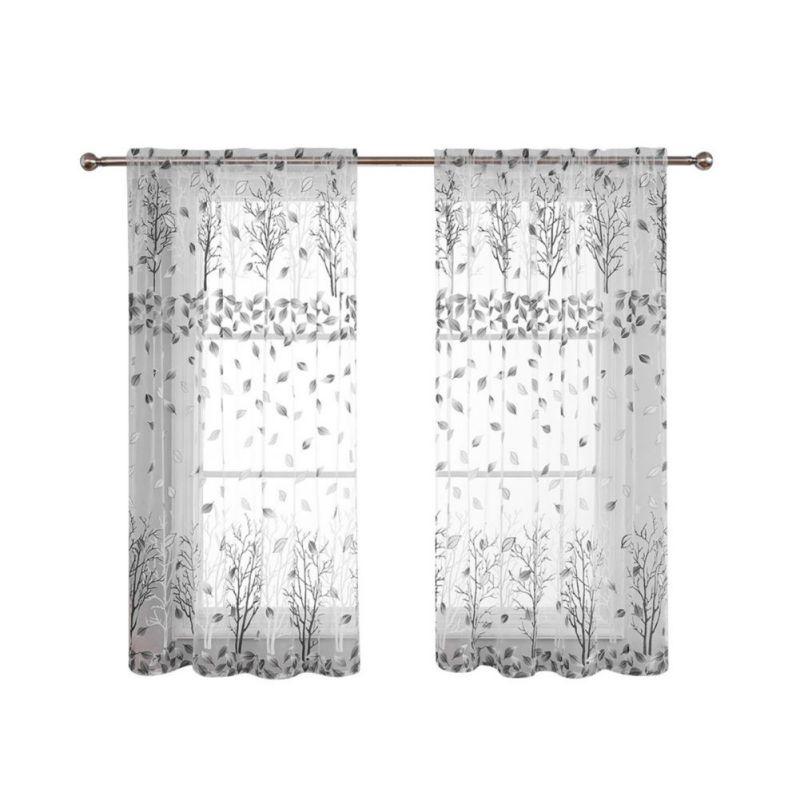 2pcs Leaves Printed Translucent Gauze Curtain Home Curtain