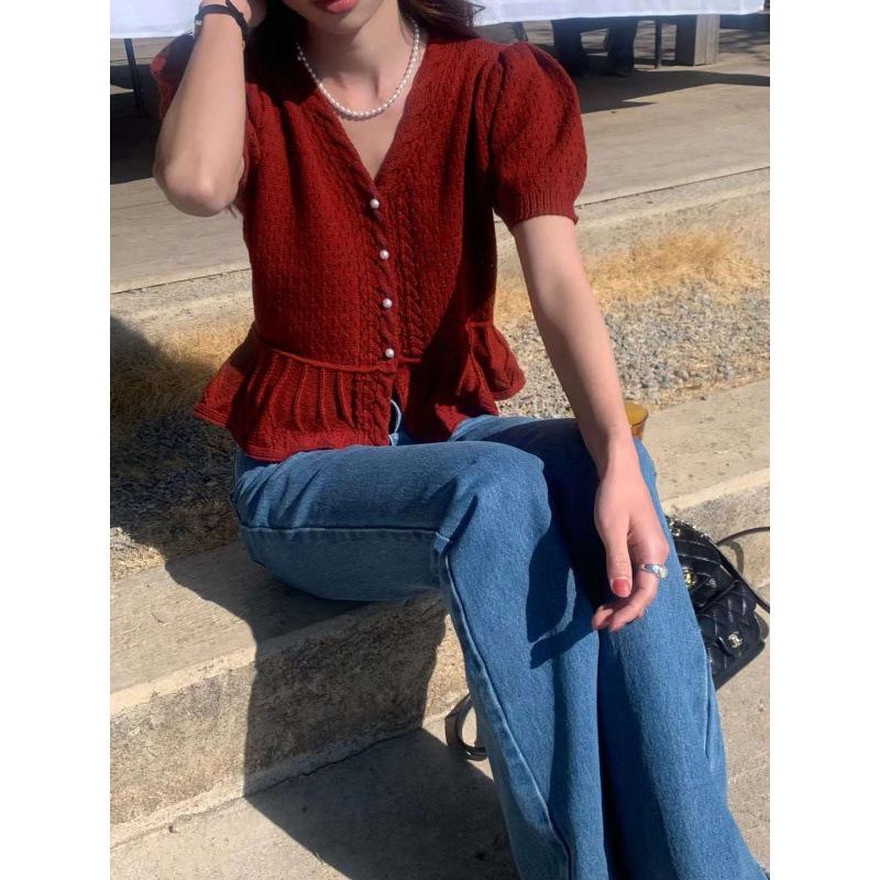 Korean Style Slimming Pearl Button Cutout Bubble Sleeve Knit Top