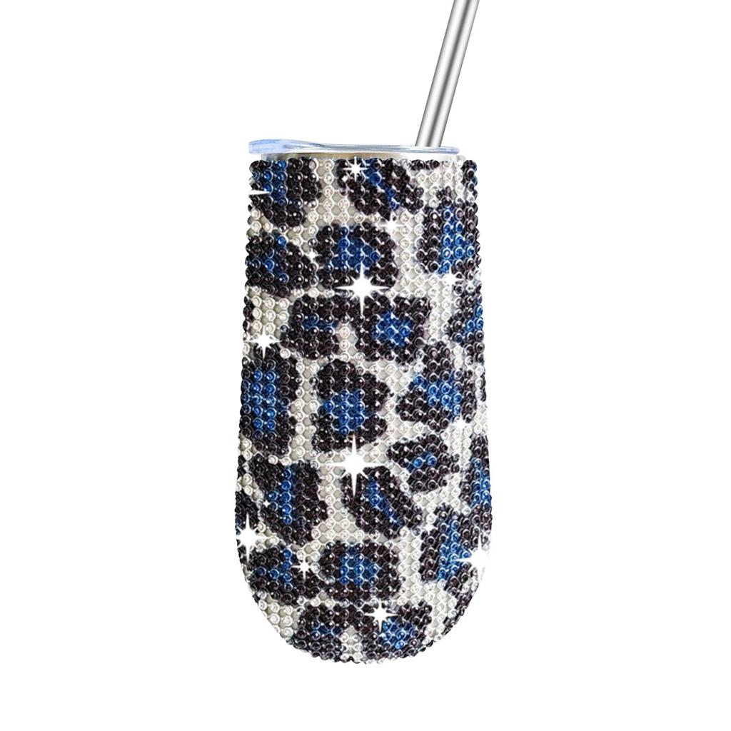 6oz Glänzender Diamant-Becher Bling Strass-Weinglas mit Strohhalm Edelstahl Isoliert Vakuum Champagnerbecher Tasse Eiform