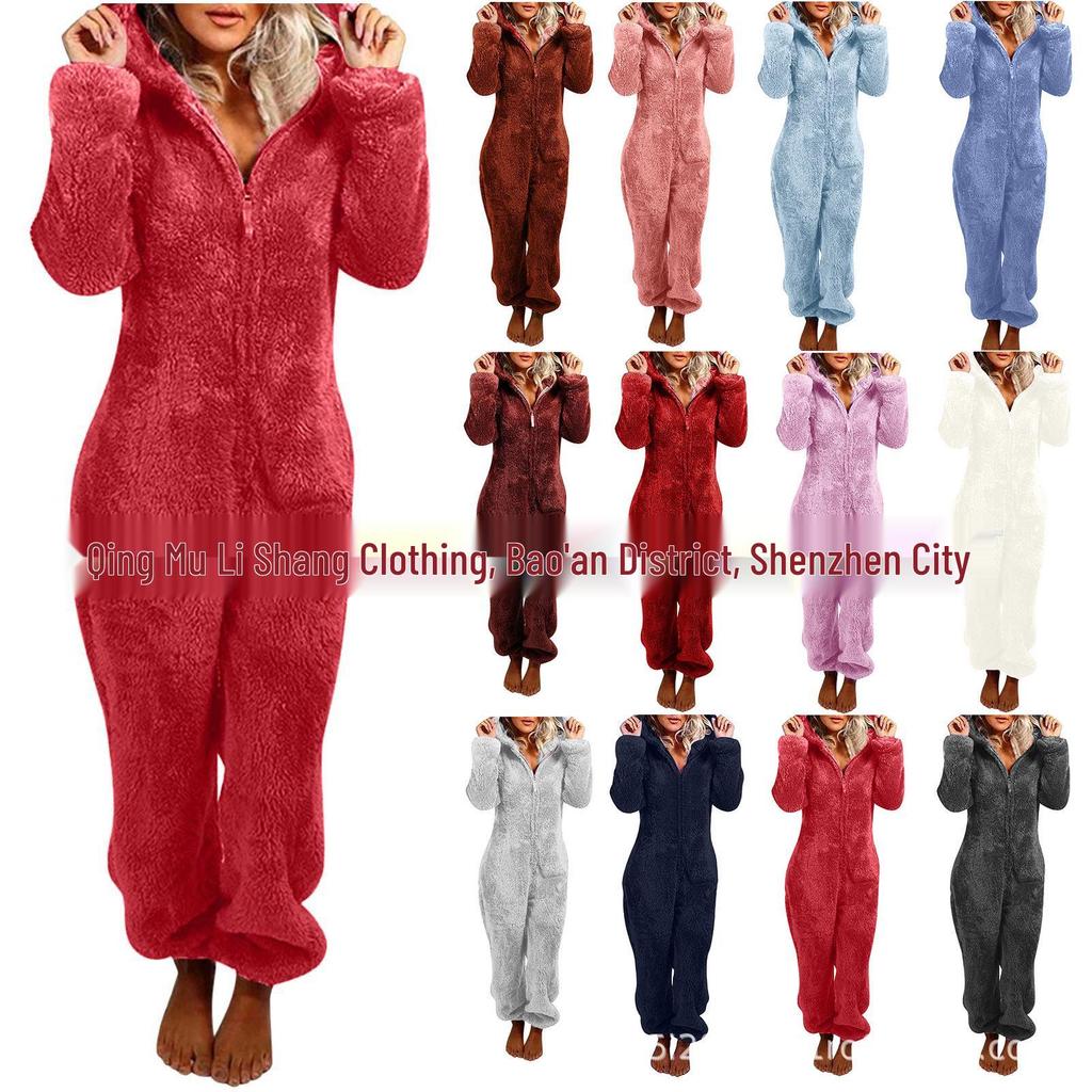 2025 European & American Autumn/Winter Women's Fleece-Lined Fur Jumpsuit Pajamas, Hooded, Available in 17 Colors