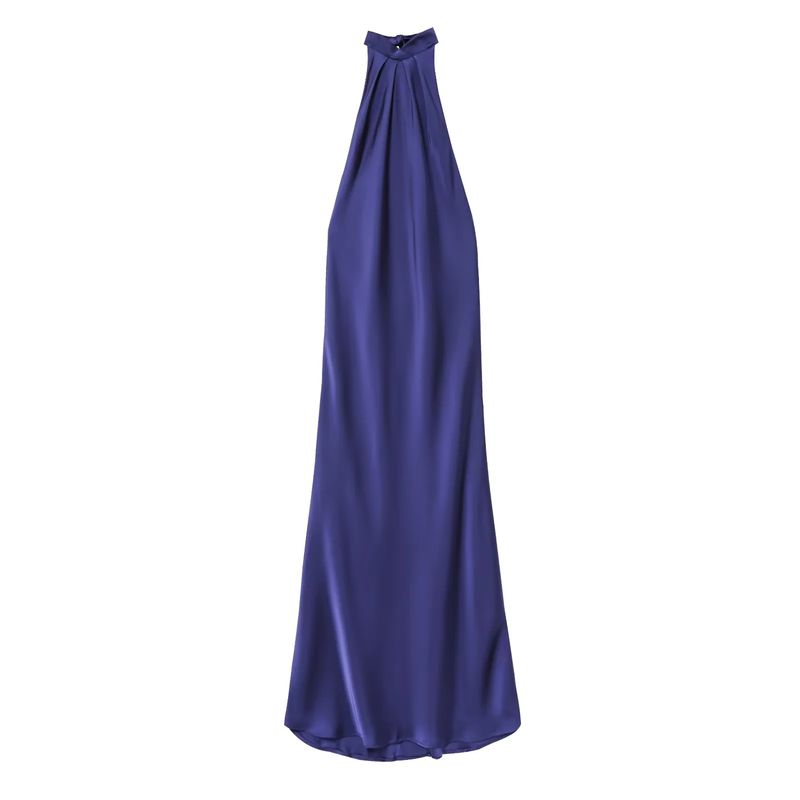 Spring New Women's Clothing French Hanging Collar Pleated Decoration Open Back Silk Satin Texture Dress 3274548