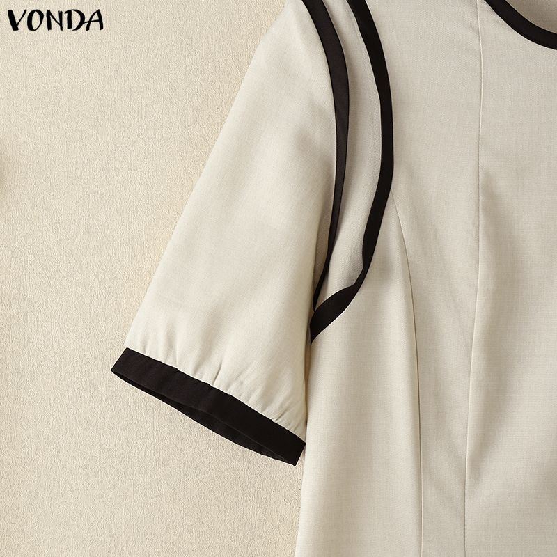 VONDA Women Summer Casual O-Neck Short Sleeve Stitching Dress Sundress