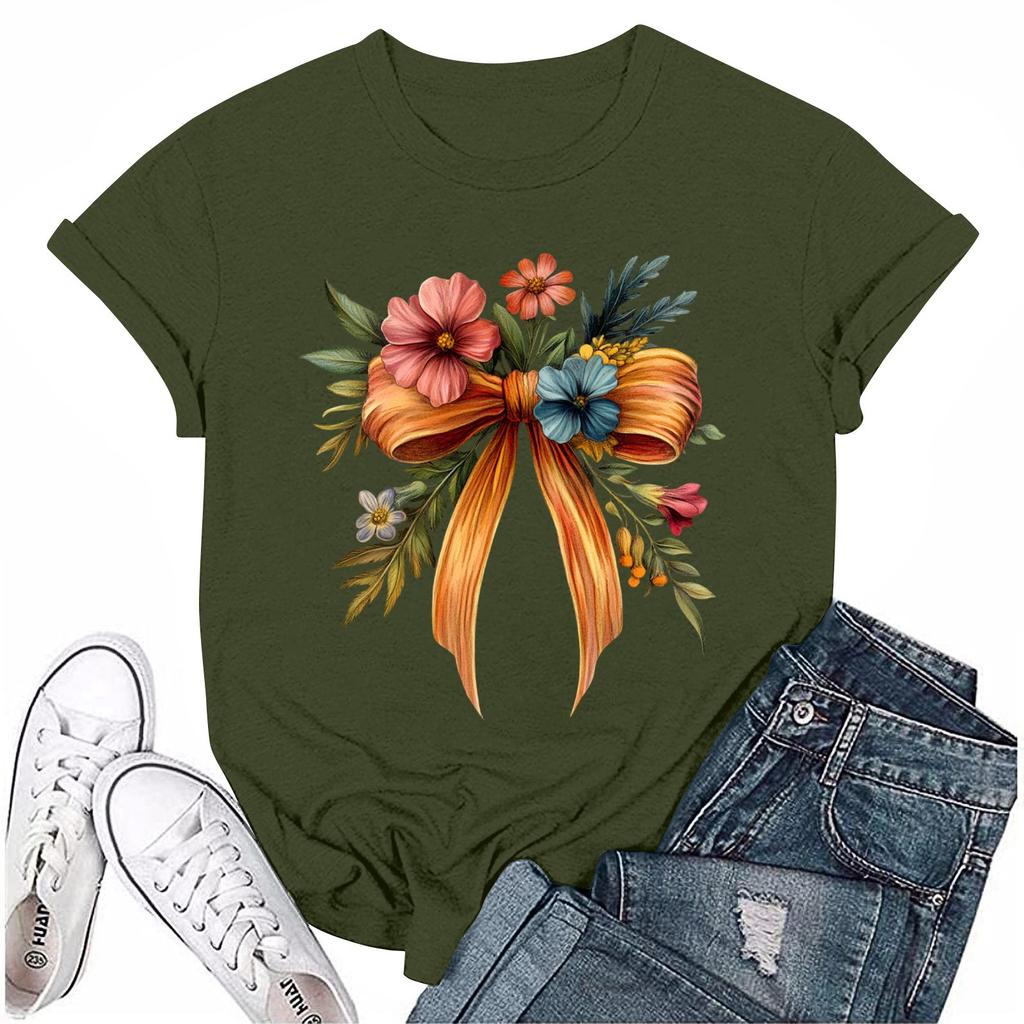 Dámská módní ležérní tištěná tričková halenka s kulatým výstřihem a krátkým rukávem Tričková halenka Halenka