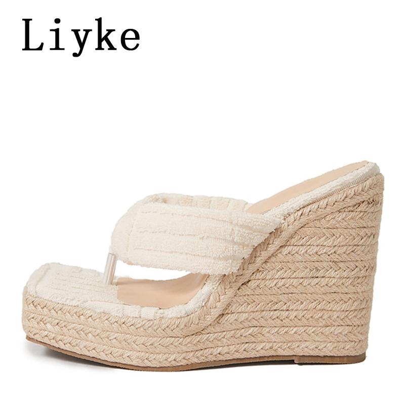 

Fashion Liyke White Women Cane Straw Weave Thick Platform Slipper Summer Open Toe Pinch Narrow Band Wedge High Heels Sandals Female Shoe 35 белый