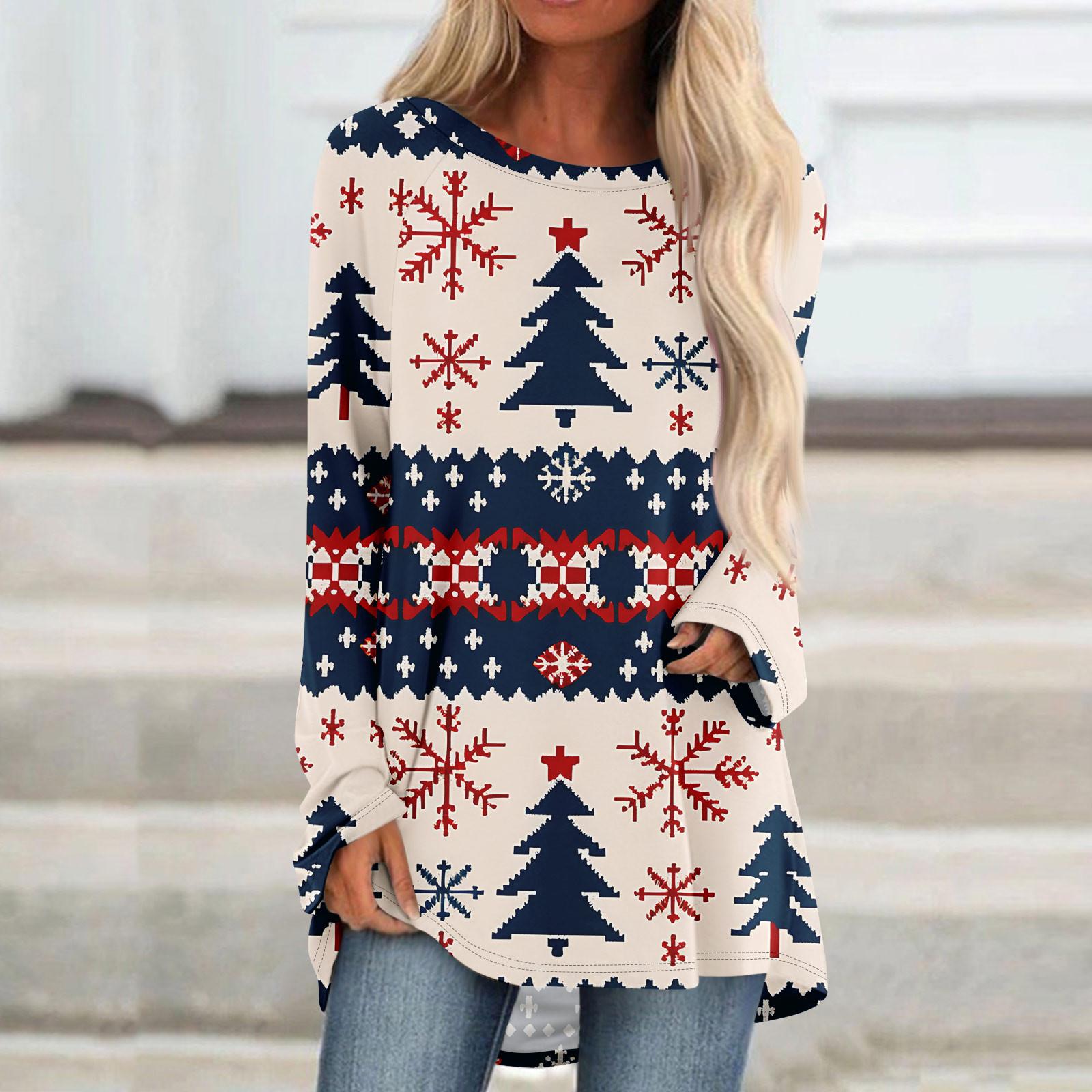 

Женский модный свободный свитер средней длины с круглым вырезом и рождественским принтом, рукава реглан, повседневный топ с длинными рукавами L тёмно-синий