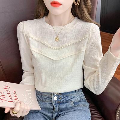 Spring Autumn New Round Neck Beaded Bottoming Shirt Pullover Korean Solid Long Sleeve Top