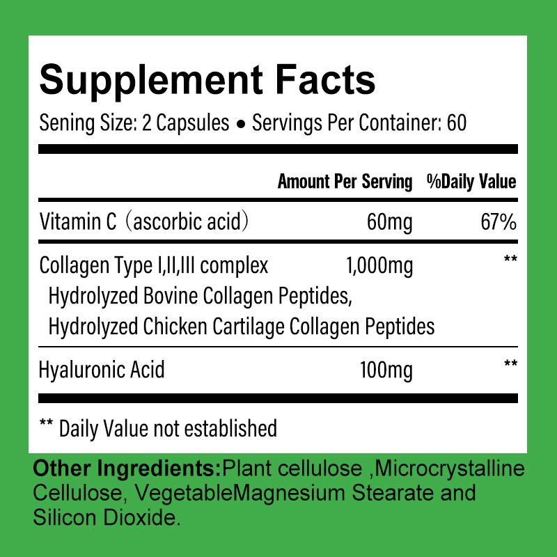 Advanced Collagen Type I II III with Hyaluronic Acid & Vitamin C, 120 Dietary Supplement Capsules
