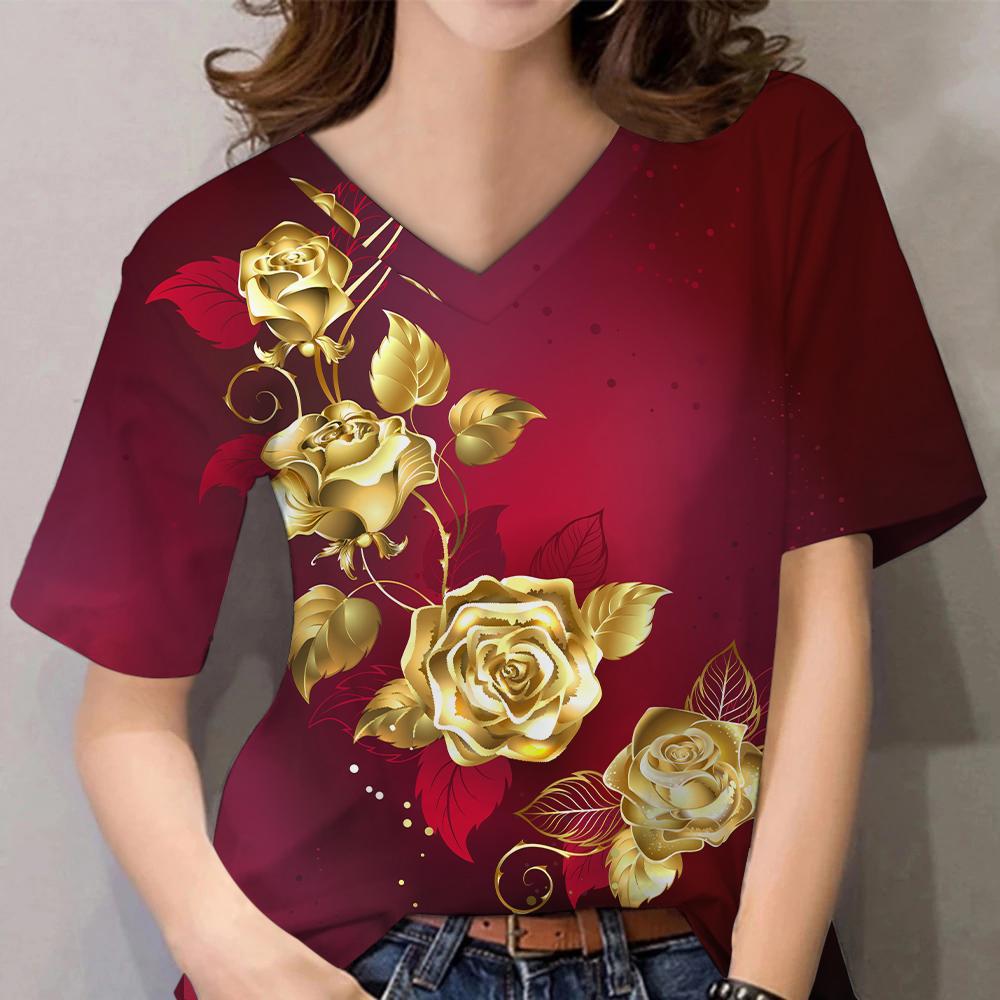 3D Floral Print Women Short Sleeve Tops V Neck Summer Lovers Couples T Shirt