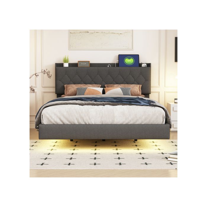 Lit - MUVOE - 140x200 cm - Prise USB - LED multicolore - Tissu doux