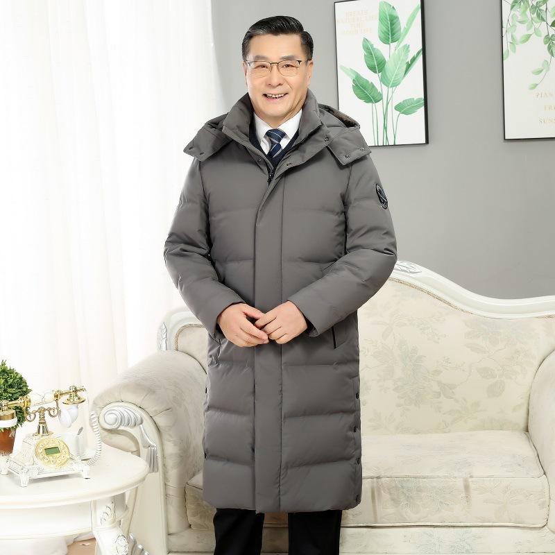Dad Winter Clothing Middle-aged and Elderly Down Jackets for Men Over The Knee Long Thickened Cold-proof Big Fur Collar Pie To Overcome White