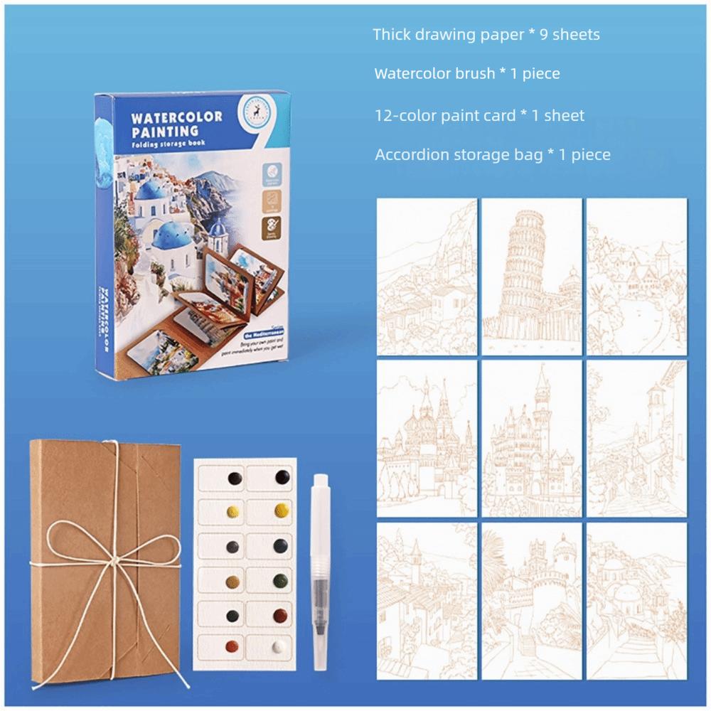 12 Colors Solid Pigment Watercolor Painting Book Thick Kraft Paper Watercolor Book Organ Folding Folding Storage Book Adult Kids