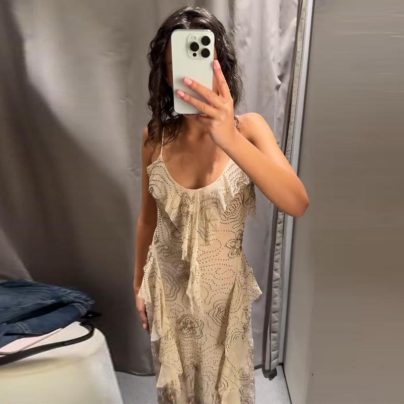 Mesh Sling Dress Women V-neck Diamonds Ruffles Long Dresses Female Backless Sleeveless Spring Summer Casual Lady Holiday Dress