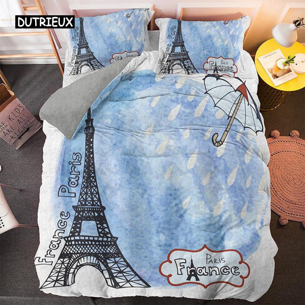 Eiffel Tower Duvet Cover Set Microfiber Paris Theme World Famous Architecture I Love Paris Pattern Bedding Set for Girls Woman
