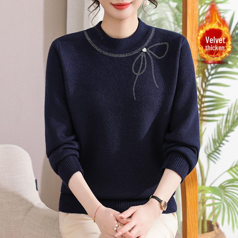 Middle-aged Women's Plus Velvet Knit Sweater: Warm, Loose Fit Base Layer