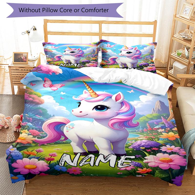 3pcs Custom Name Unicorn Bedding Set Duvet Cover Closure Includes 1 Duvet Cover & 2 Pillowcases, Soft and Comfortable for All Seasons.