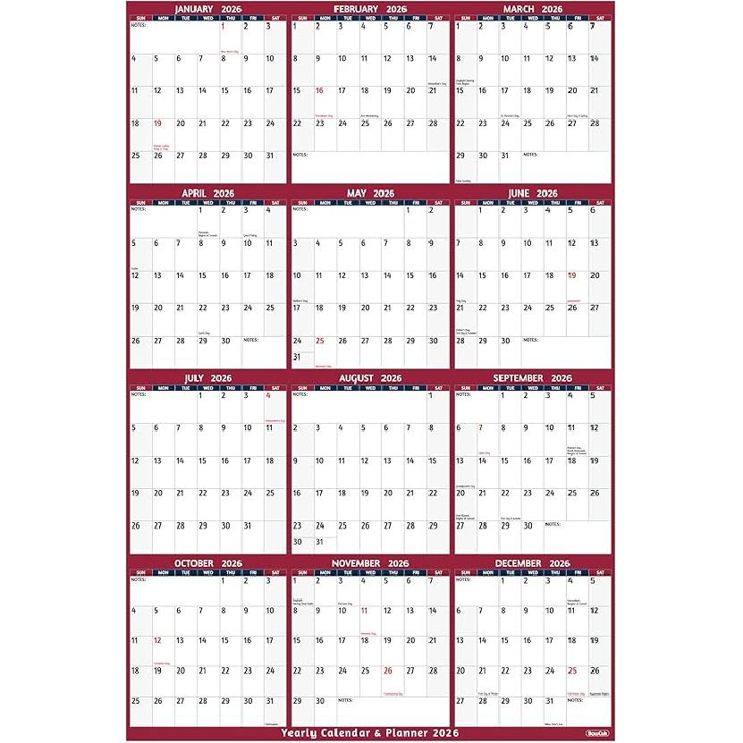 2026 Yearly Wall Calendar - Large Yearly Calendar 2026, Jan 2026 - Dec 2026, 25.2  x 38.2  (Open), 2026 Calendar, Large Wall Calendar 2026, Full Year 2026 yearly calendar red