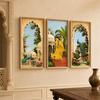 Livin'luxe Set of 3 Mughal Garden Peacock Lady Wall Paintings with Sparkle Laminate, Premium Wooden Synthetic Frame, Royal Palace Floral Art