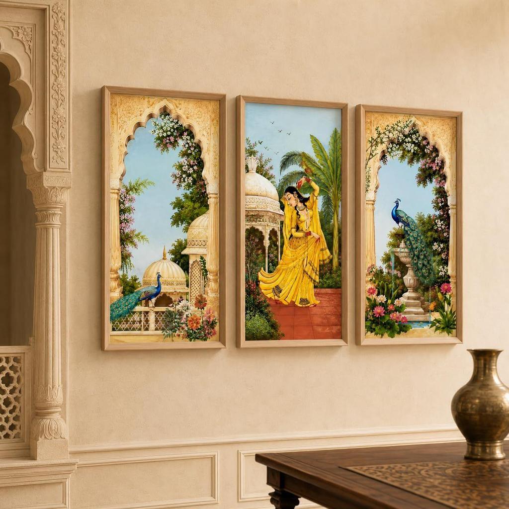 Livin'luxe Set of 3 Mughal Garden Peacock Lady Wall Paintings with Sparkle Laminate, Premium Wooden Synthetic Frame, Royal Palace Floral Art