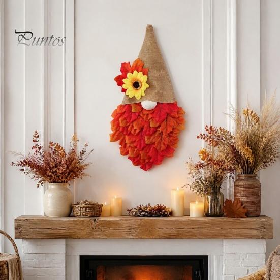 Front Door Hanging Wreath Autumn Gnome Maple Leaf with LED Lights, Rustic Pointed Hat Fall Hanging, Farmhouse Harvest Thanksgiving Home Decor Vintage