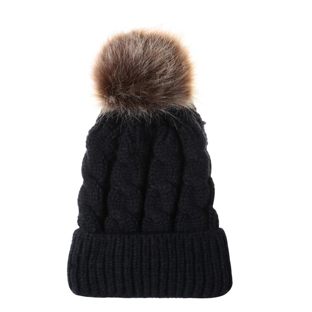 Women Knitted Cap Fashionable Solid Color Fuzzy Ball Warm Hat Cap