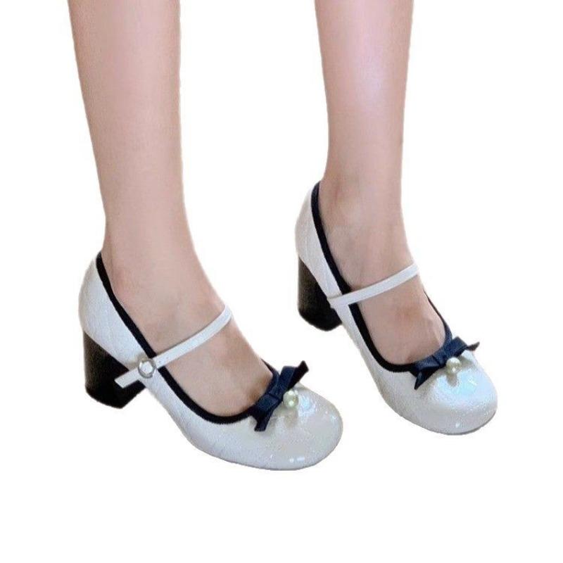 New Bow Round Head High Heels Women's Shallow Mouth with Mary Jane Shoes Thick Heel Single Shoes