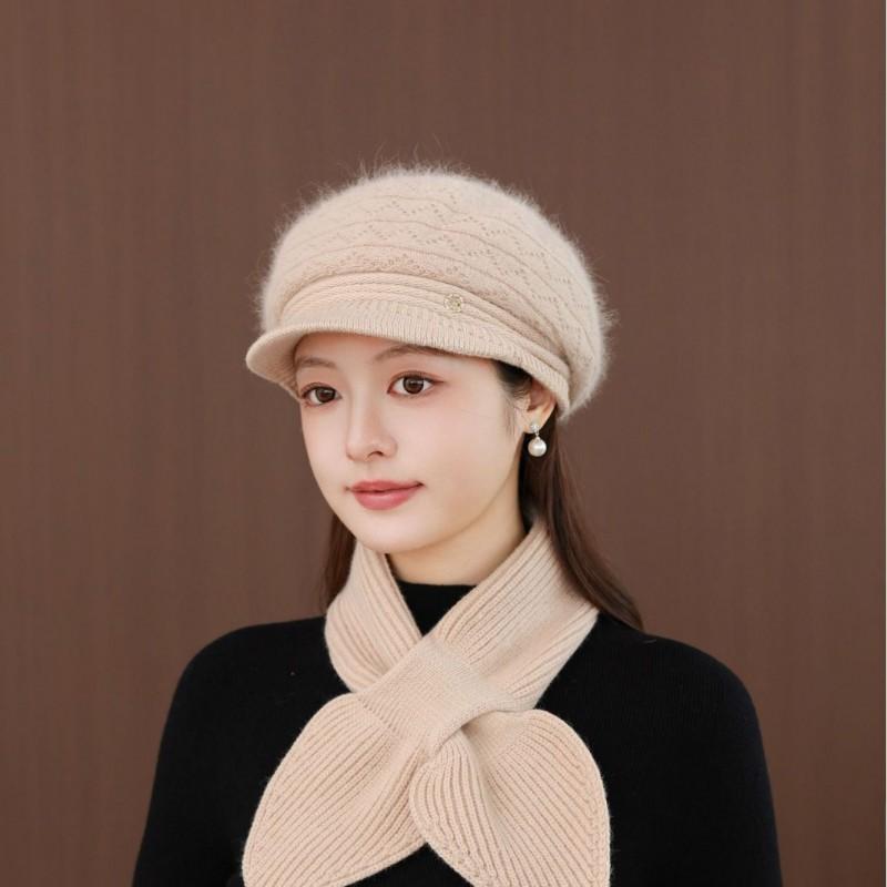 Warm Knit Beanie Hat Women Seniors Rabbit Fur Blend Winter Cap With Adjustable Fit Short Brim
