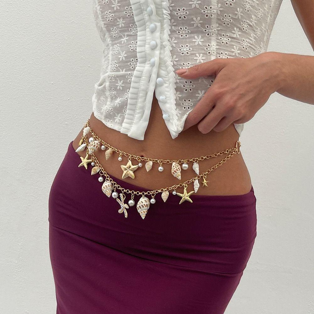 Imitation Pearl Beach Shell Waistband Adjustable Women's Necklace Shell Starfish Waist Chain  Women