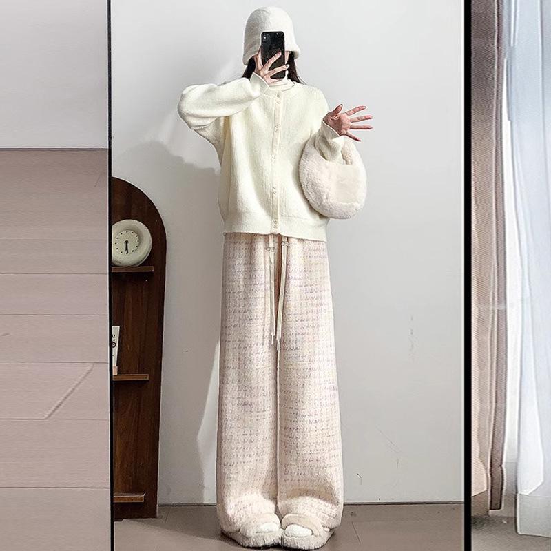 

2025 New Women s Houndstooth Maternity Pants: Autumn/Winter, Wide-Leg, Loose, Plus Velvet, Casual Long Pants M