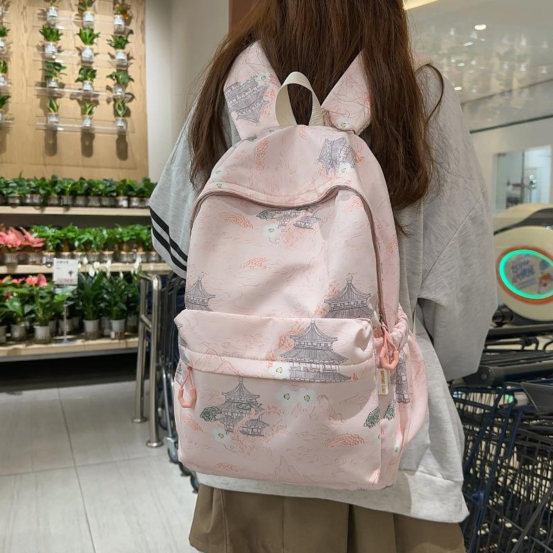 Zaino in Nylon Stampato Paesaggio Stile Cinese con Grande Capacità e Tasche Multiple Adatto per l'Uso Quotidiano e Studentesco Come Zaino Studentesco