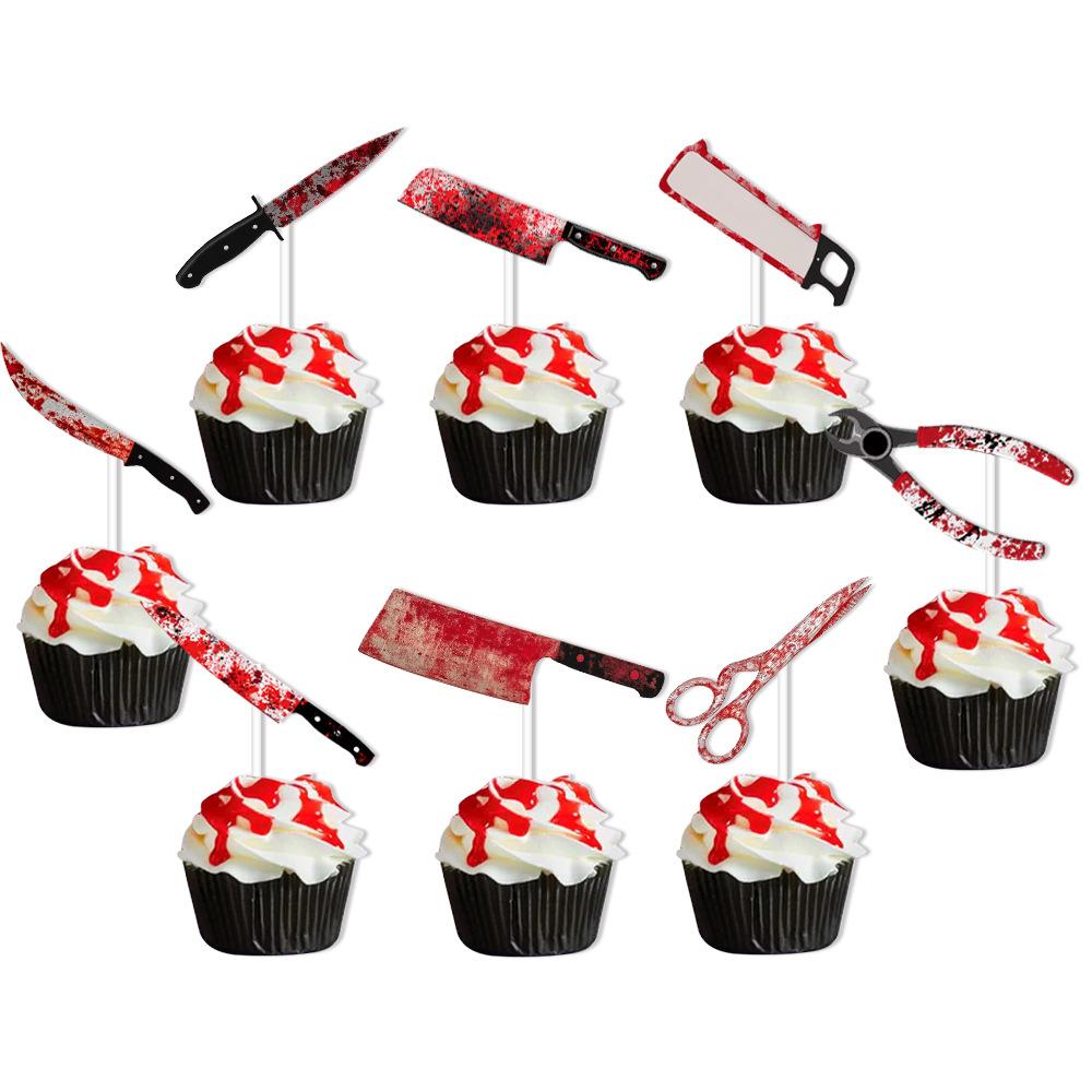 Halloween Cake Toppers – Bloody Knife & Cleaver Paper Flags for Spooky Party Cupcakes, Desserts, and Treats Decoration