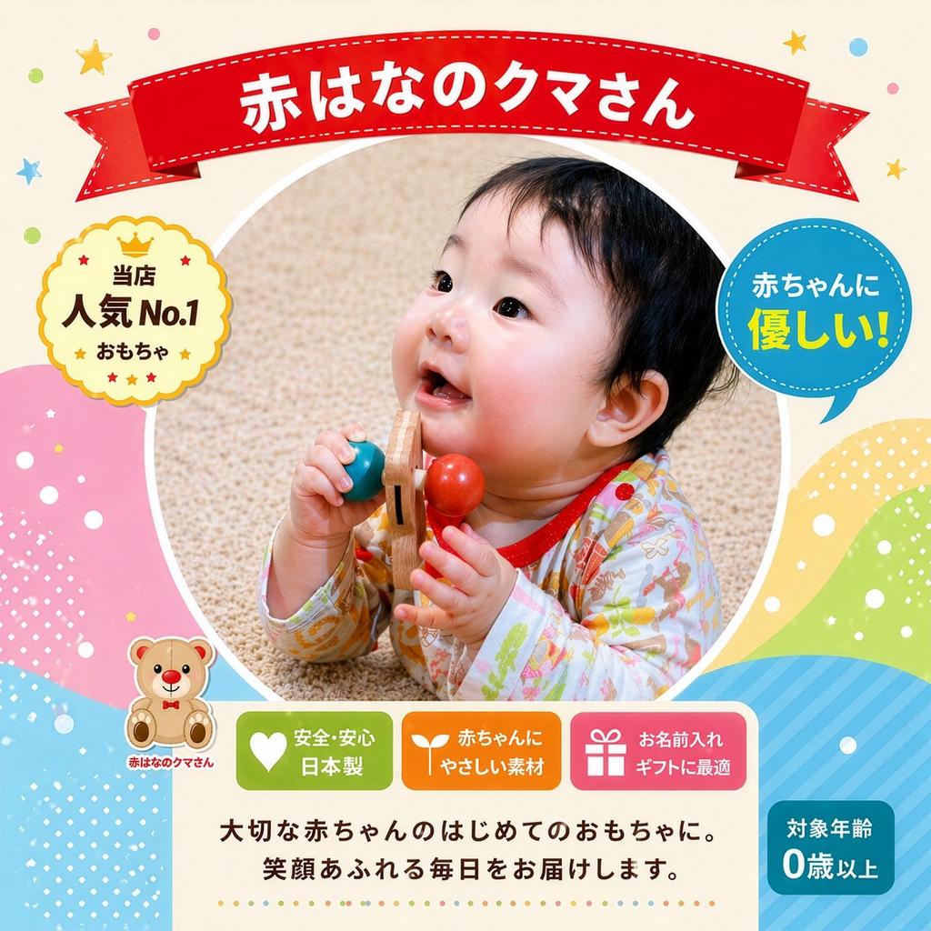 Bear Rattle with Red Flower (Baby-friendly Wooden Toy, Also Suitable As a Pacifier or Teether!) Japan Good Toy Award Winner Educational Toy Wooden Bab