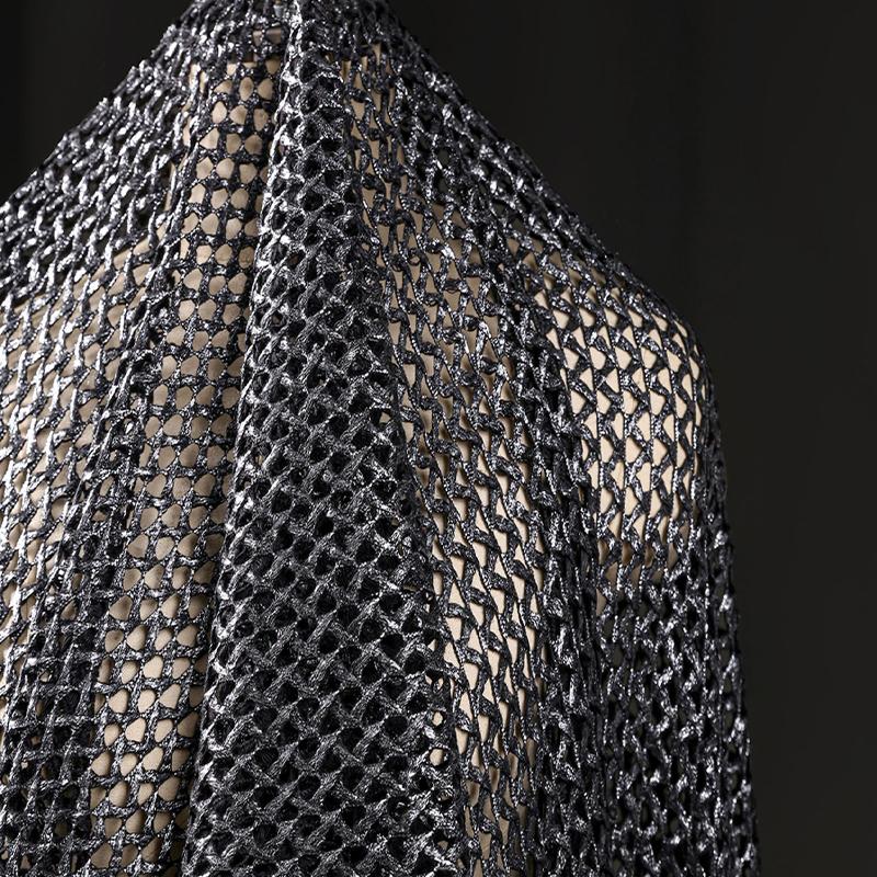 Metallic Interwoven Mesh Knitted Fabric Gray Gold 3D Textured Material for Fashion Designer Blouse Sweater Shawl Clothing Sewing