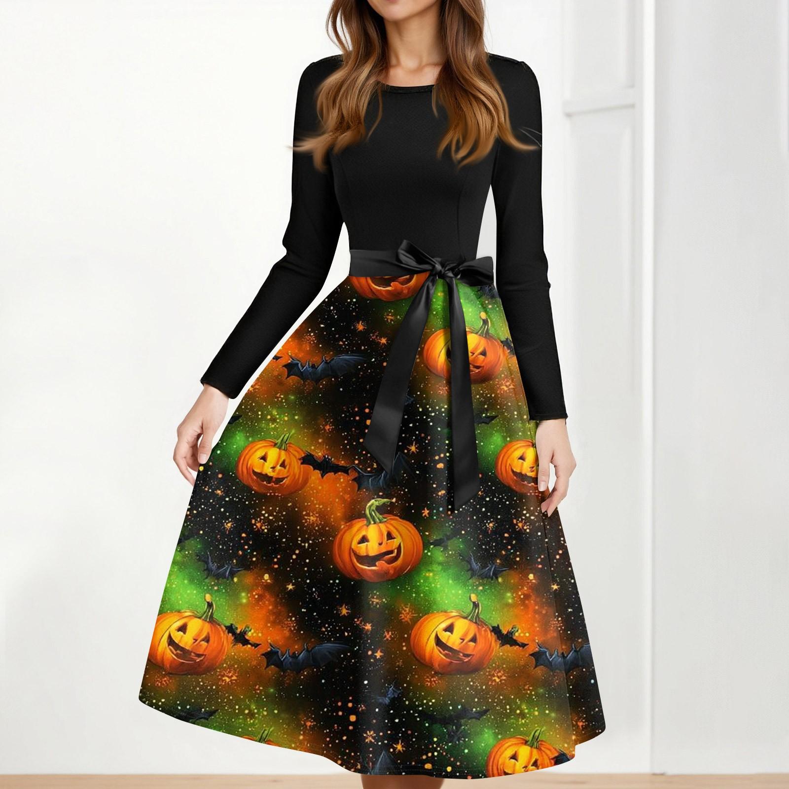 

Женское повседневное модное платье винтажного стиля с принтом на Хэллоуин и круглым вырезом S