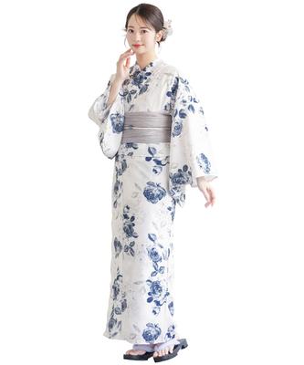 SOUBIEN Floro Yukata Set and Free Blue Chrysanthemum Design In Greige Women's 3-Piece (Yukata, Obi, Geta), Size, (ykt10272-obs10031)