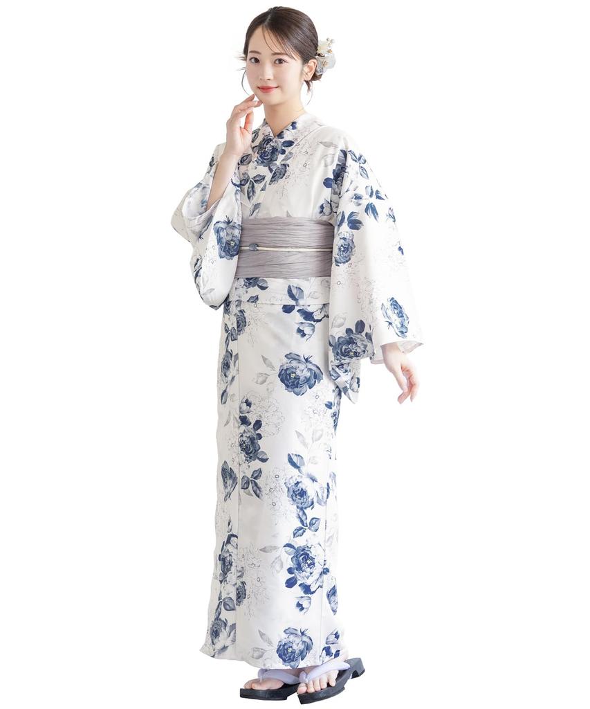 SOUBIEN Floro Yukata Set and Free Blue Chrysanthemum Design in Greige Women's 3-Piece (Yukata, Obi, Geta), Size, (ykt10272-obs10031)