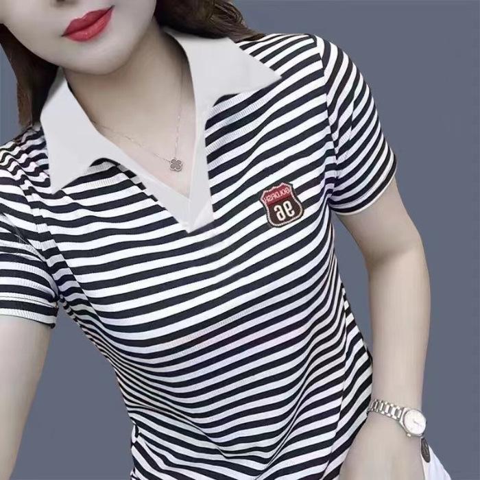 Polo Shirt Short-sleeved T-shirt Women's Summer New Striped Slim and Fashionable Versatile Top