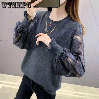 Lace Patchwork Yarn Sleeve Knitted Sweater for Women Round Neck Pullover Sweater Loose Base Sweater