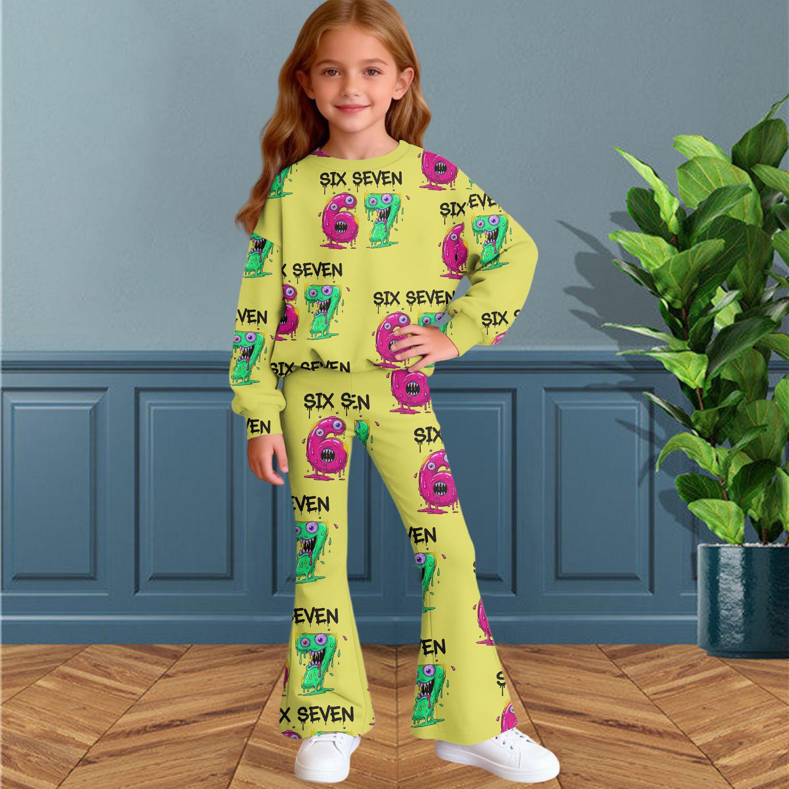 

Children s Long Sleeved Digital Printed Loose Casual Fashionable Round Neck Top Pants Two-piece Set 160 жовтий