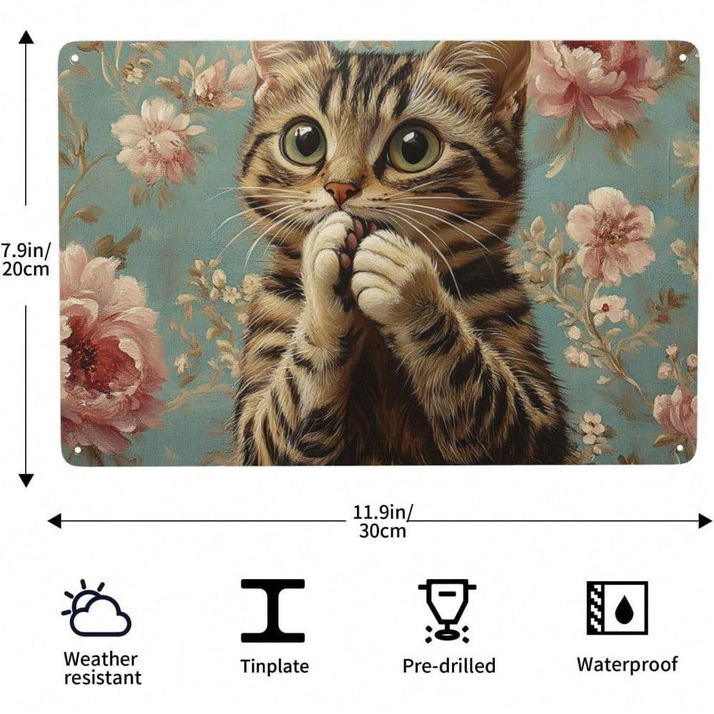 Tin Wall Art Metal Sign 8x12 Inch Funny Cat Covering Mouth Vintage Home Decor Poster Cafe Bar Office