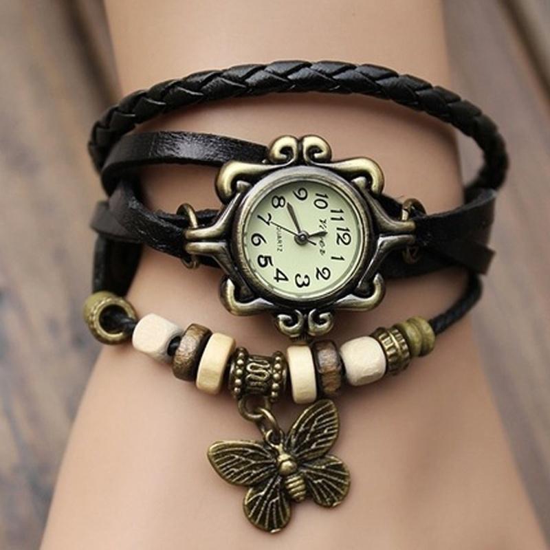 Heiße Verkäufe Vintage Schmetterling Anhänger Kuh Leder Uhr Frauen Damen Mode Kleid Quarz Armbanduhr