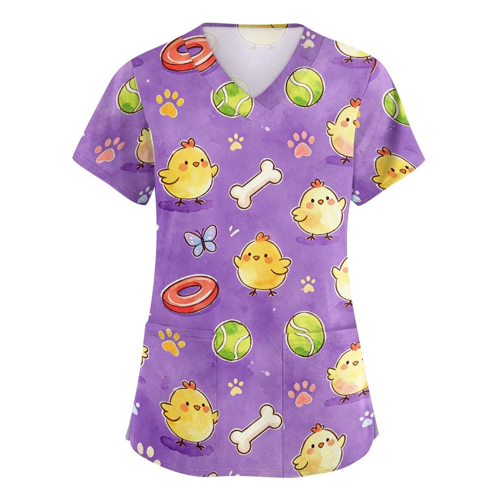 Women V Neck Short Sleeve Work Top with Pockets Animal Print Medical Uniform Scrub Shirt for Healthcare Professionals Nursing Staff