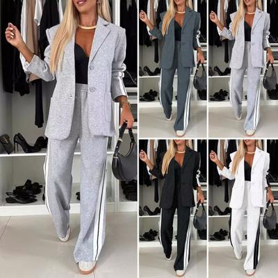 2 peças/conjunto feminino formal casaco calças conjunto gola virada para baixo trespassado mangas compridas jaqueta solta listrada calças largas casual uso diário deslocamento