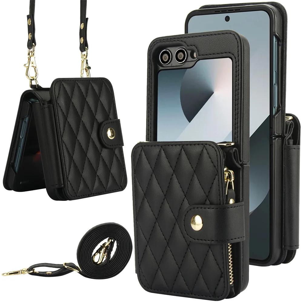 Crossbody Wrist Strap Wallet with Card Holder Phone Case for Samsung Galaxy Z Flip 6 5 4 3 Flip6 Flip5 Flip4 Flip3 Leather Cover