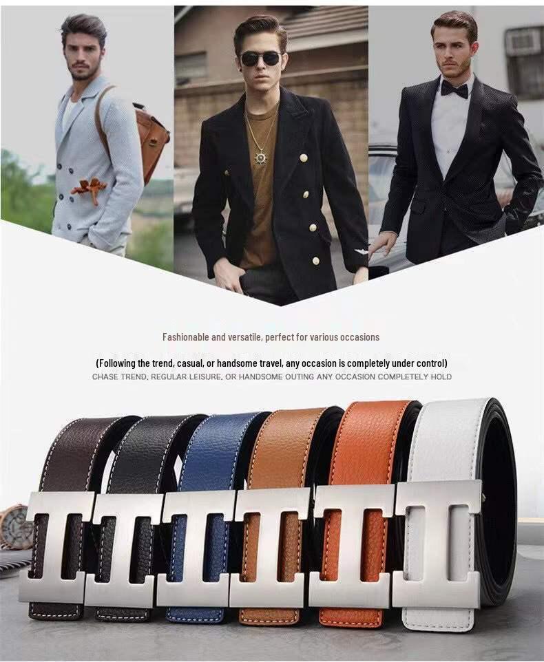 Pánský módní kožený pásek z hovězí kůže s H přezkou 2022 - Stylový a trendy pásek přes pas pro mladé lidi