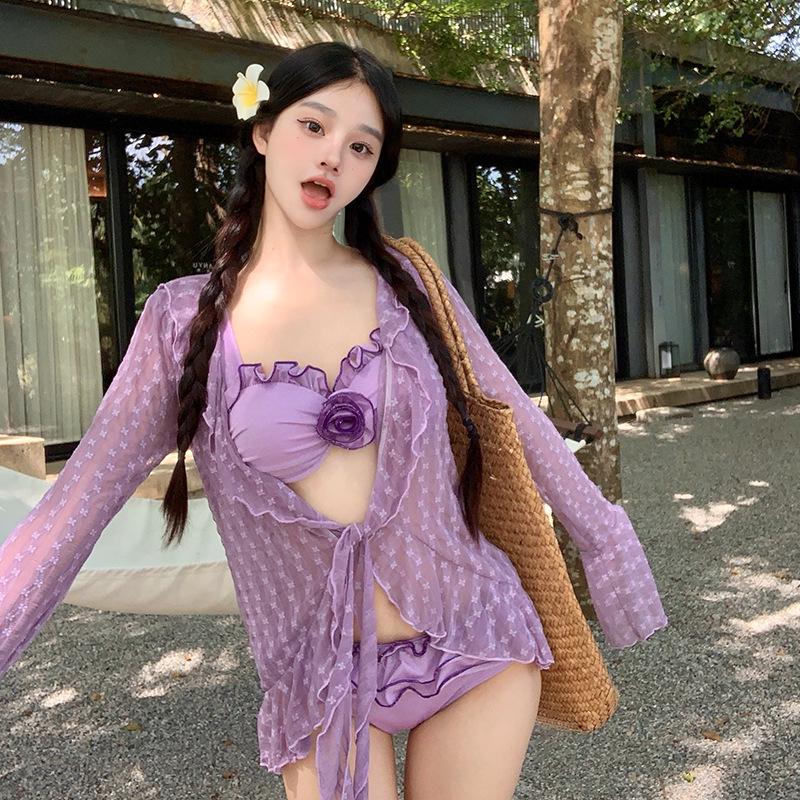 

Стильный фиолетовый комплект бикини с солнцезащитной накидкой с длинными рукавами для пляжа и горячих источников Large