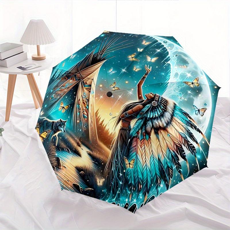 1pc Native American, Moonlit Themed Umbrella, 8 Rib Frame,Automatic Opening 3 Fold Umbrella, Lightweight and Durable Couple Umbrella-028